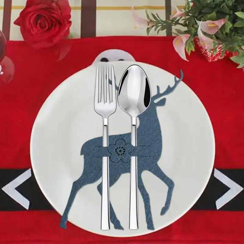 4 buah 3 warna pisau Natal dan pemegang garpu rusa alat makan saku tas alat makan kain tidak ditenun pengatur peralatan masak dekorasi meja