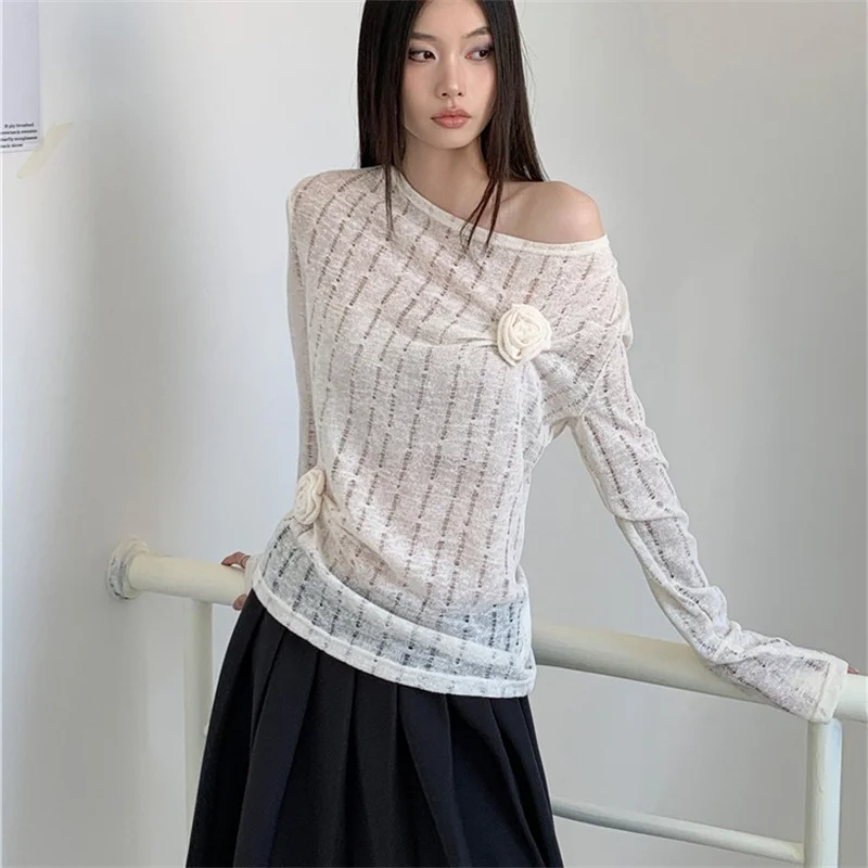 

Clothland Women Sweet Off Shoulder Blouse Flower Long Sleeve Mesh Transparent Shirt Female Chic Fashion Tops Mujer LB299