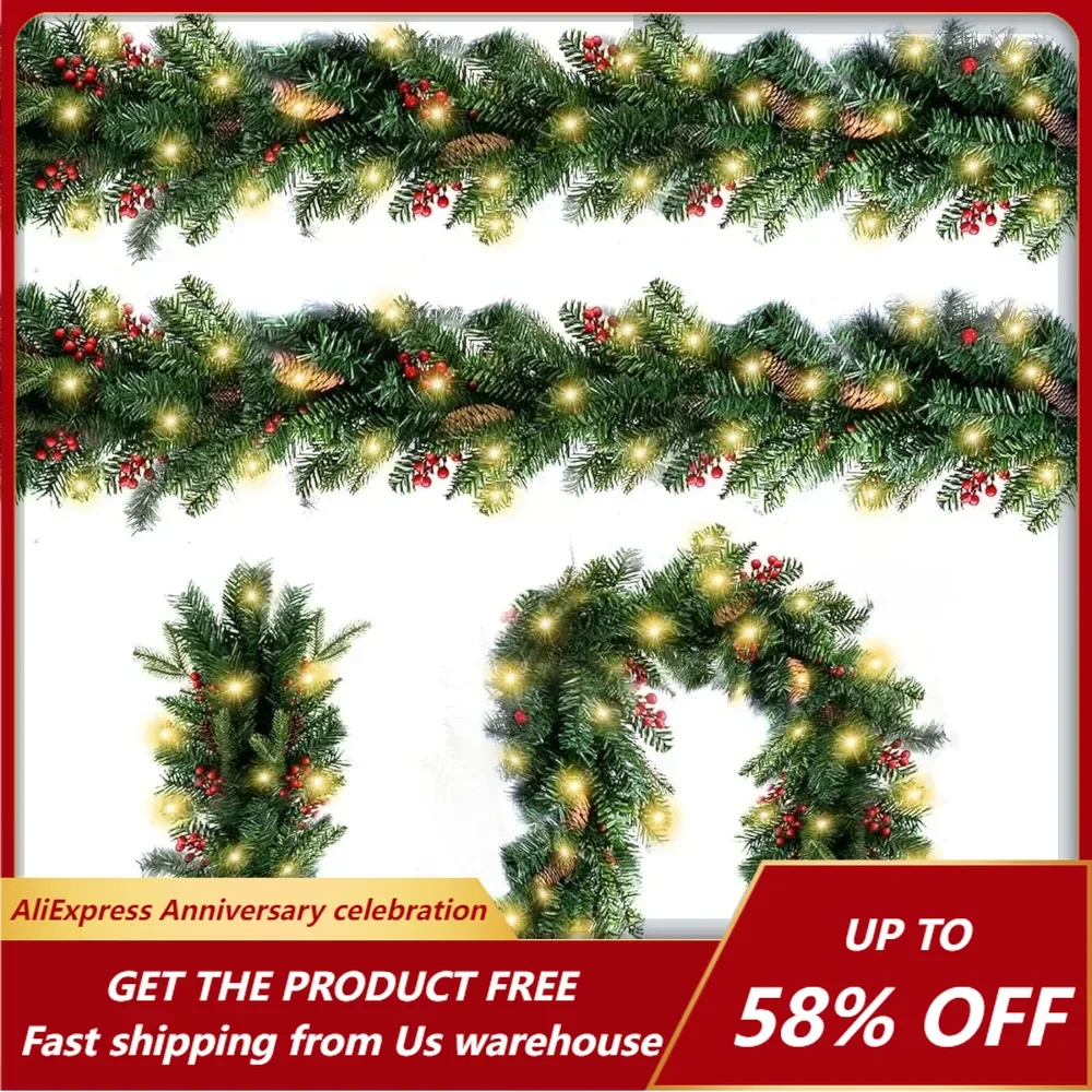 Christmas Wreath with Lights, Green Lighting, Fireplace, Staircase Door Decoration, Battery Powered (6 Feet, 3-piece Set)