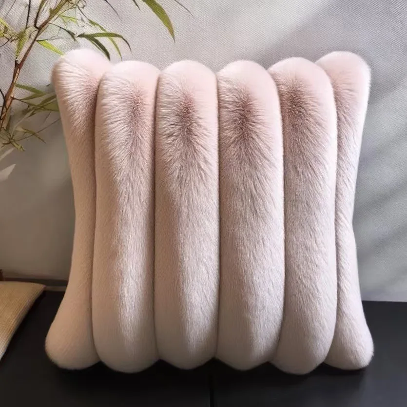 Thickened Striped Decorative Throw Pillow Covers Plush Soft Pillowcase Faux Rabbit Fur Cushion Covers Sofa Couch Bed Living Room