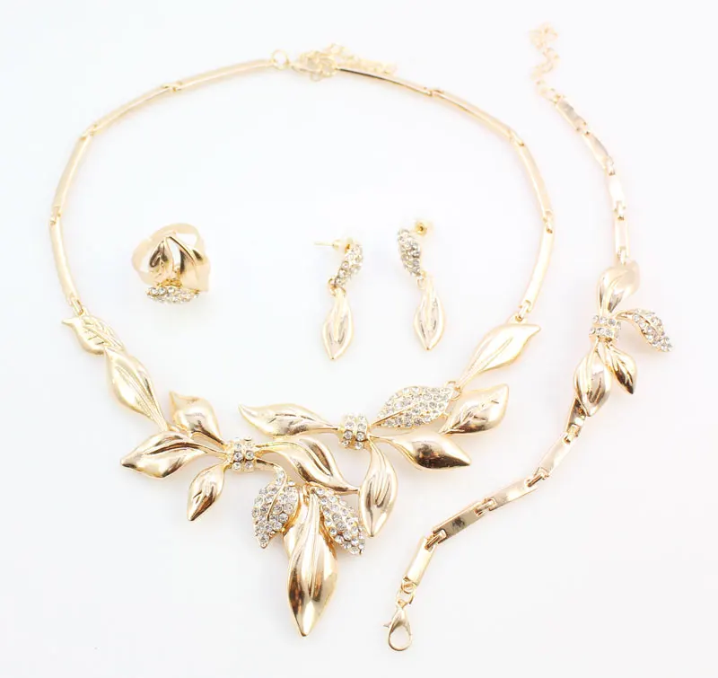 Unique Design African Fashion Costume Rhinestone Leaves Shap Necklace Sets Gold Color Wedding Bridal Costume Jewelry Sets