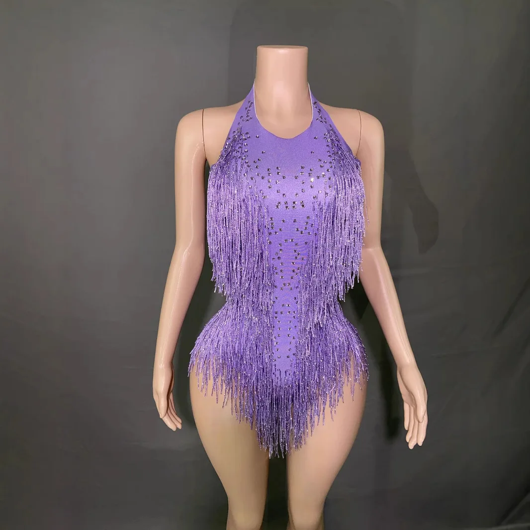

New Sparkly Rhinestones Fringes Bodysuit Women Outfit Glisten Dance Costume One-piece Dance Wear Singer Stage Leotard