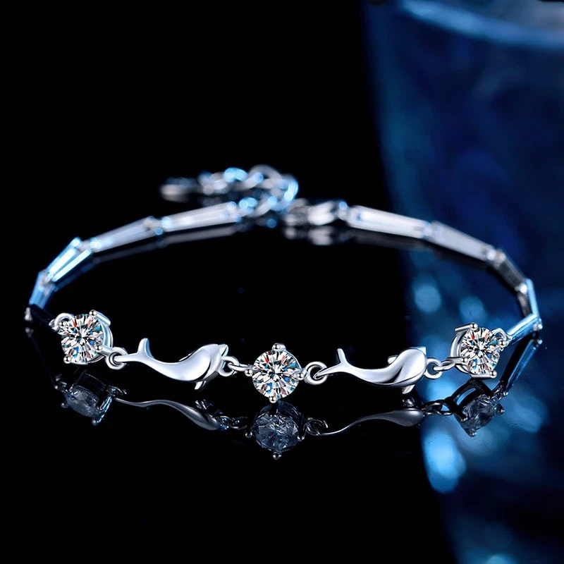 

S925 Silver White Gold Plated 1.5CT D Color Moissanite Dolphin Bracelet for Women, Ocean Themed Fine Jewelry Gift
