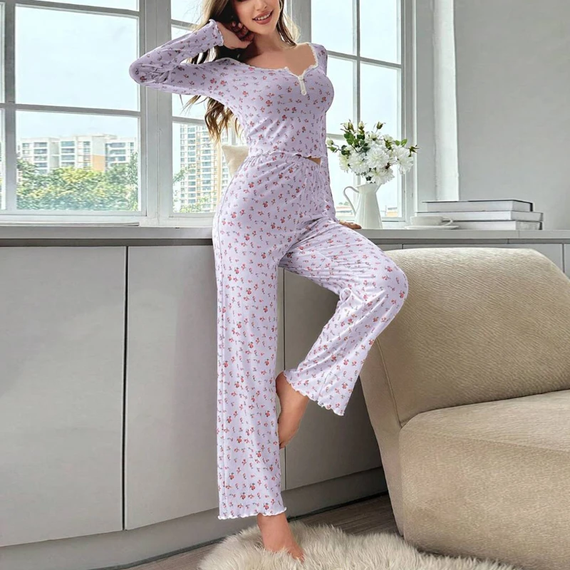 Europe and the United States style autumn and winter home wear sexy casual fashion long sleeve trousers pajamas 2 sets of women