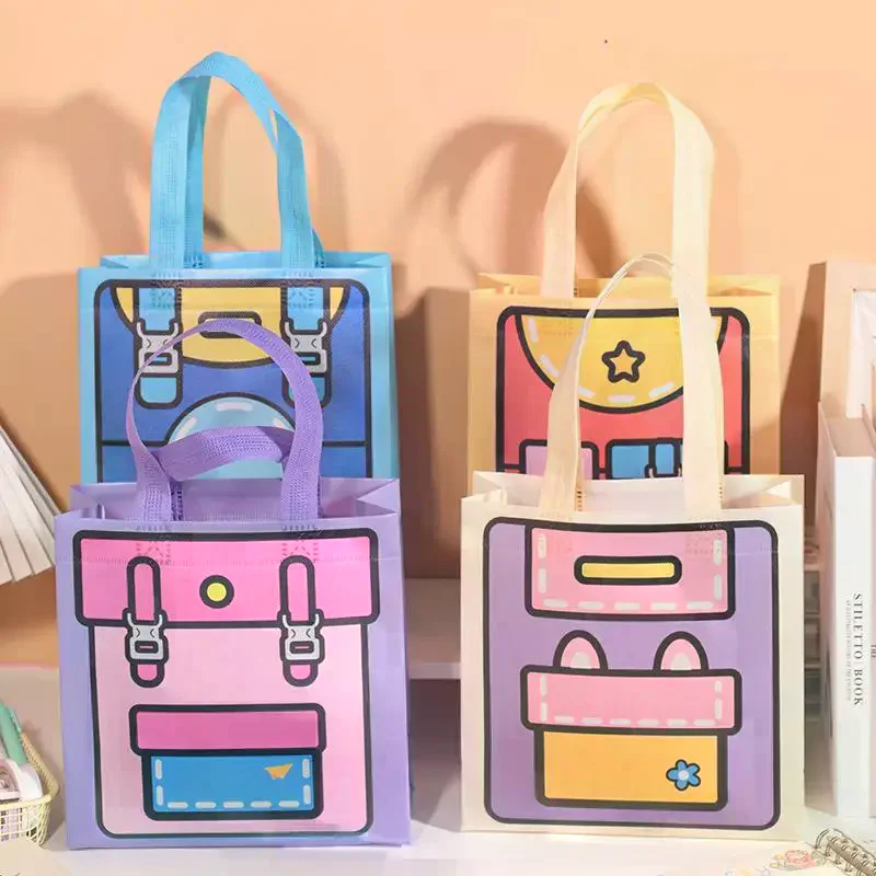 5Pcs Cute Cartoon Non Woven Tote Bag Dopamine Color Reusable Handbag Kids Gift Packaging Bag For Party Holiday Daily Use