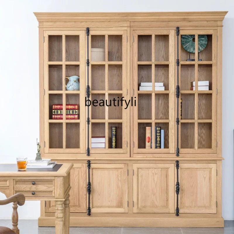 ss newSolid wood oak American solid wood dining side cabinet Solid wood heaven and earth lock bookcase Glass door bookcase