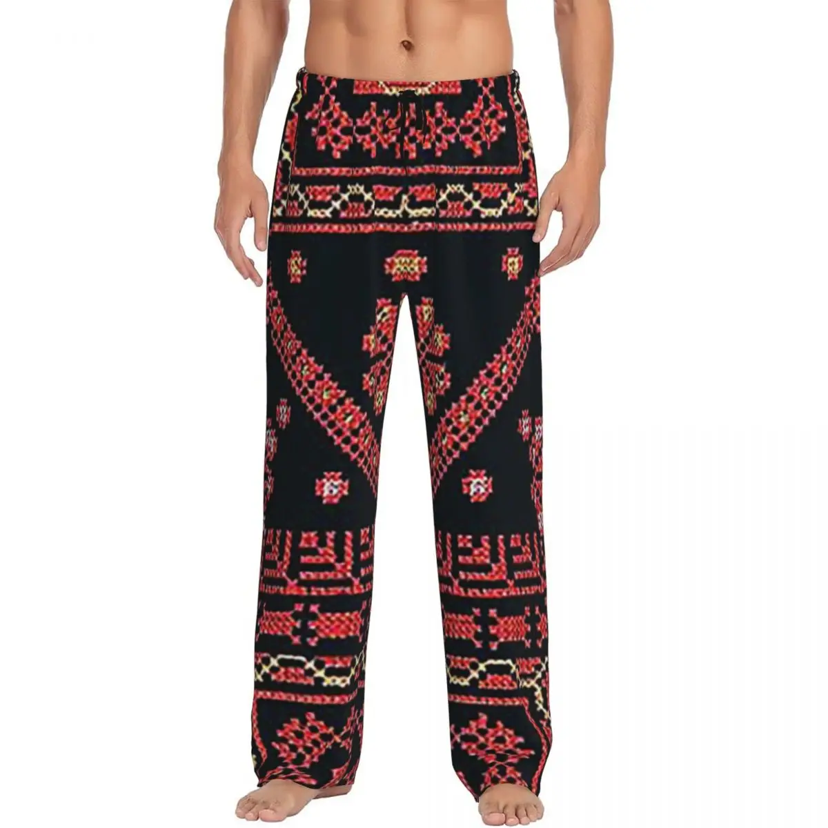 Custom Three Flowers Palestinian Embroidery Pajama Pants Men Sleepwear Sleep Lounge Bottoms with Pockets