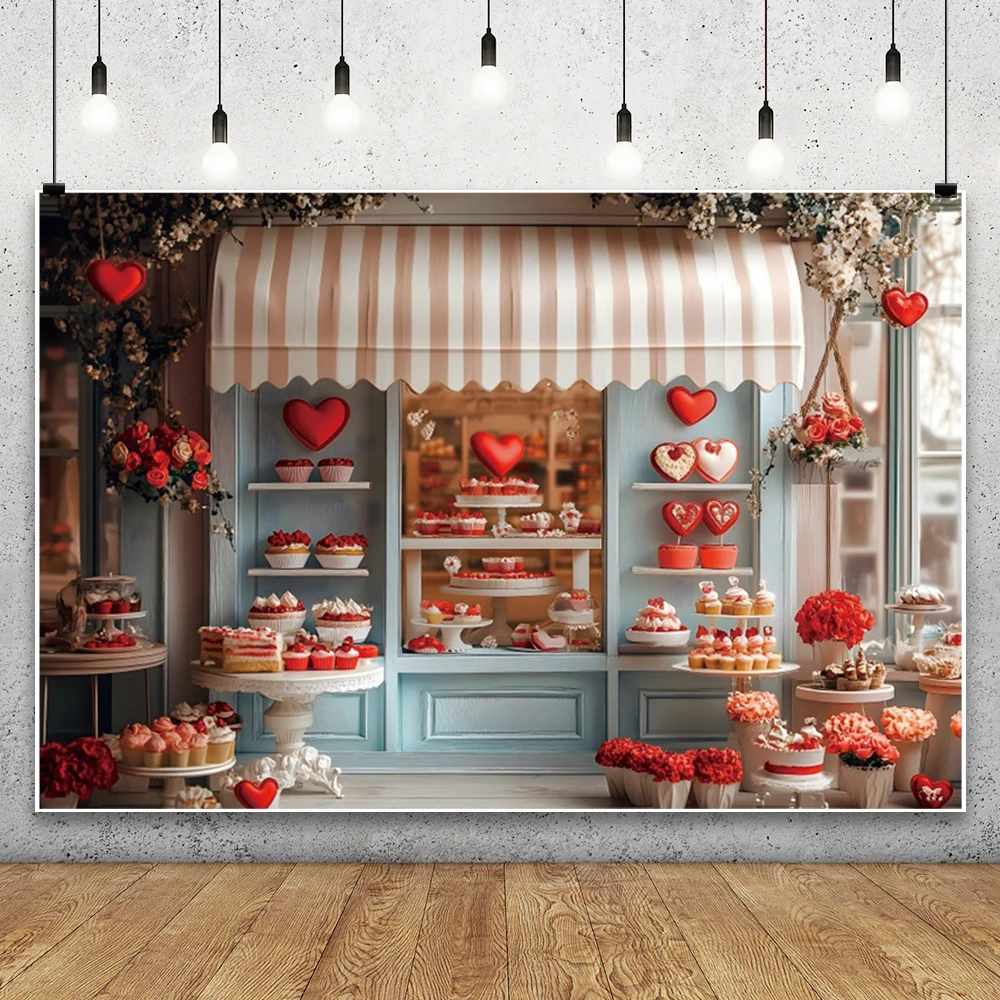 Happy Valentine's Day Flower Shop Photography Background Heart Balloon Cake Decor Couple Portrait Indoor Photo Studio Backdrops