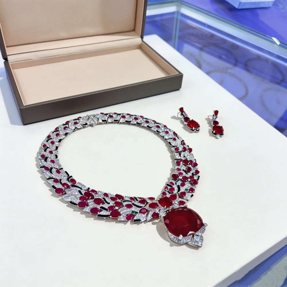 Designer Gorgeous Style Earrings Necklace Inlay Cubic Zircon Synthetic Ruby Black Enamel Party Jewelry Sets view 6