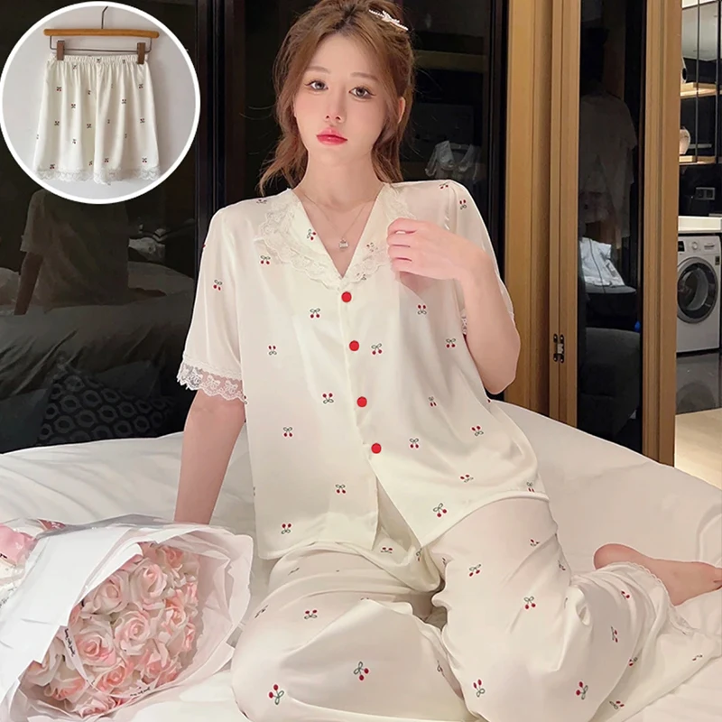 Little Fresh Cute Cherry Print Lace Pajamas for Women Sweet Korean Three-piece Female Lounges 2024 New Y2k Spring Sleep Clothing
