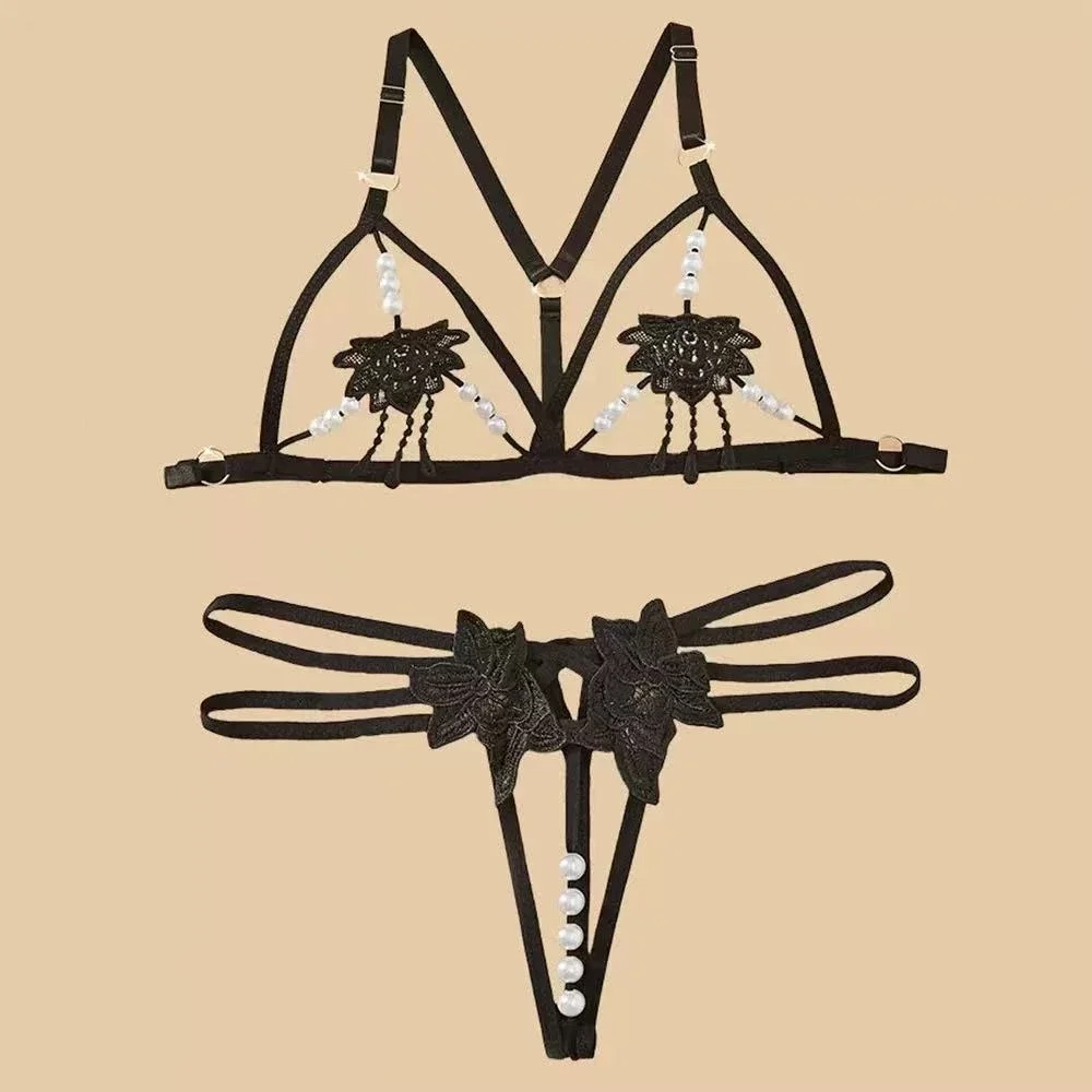 حار الملابس الداخلية النساء لوليتا الملابس الداخلية مفتوحة ملابس خاصة مثير اللؤلؤ الجوف الصدرية الدانتيل مثير ارتداءها بيجامة 2 قطعة مجموعة زي المثيرة