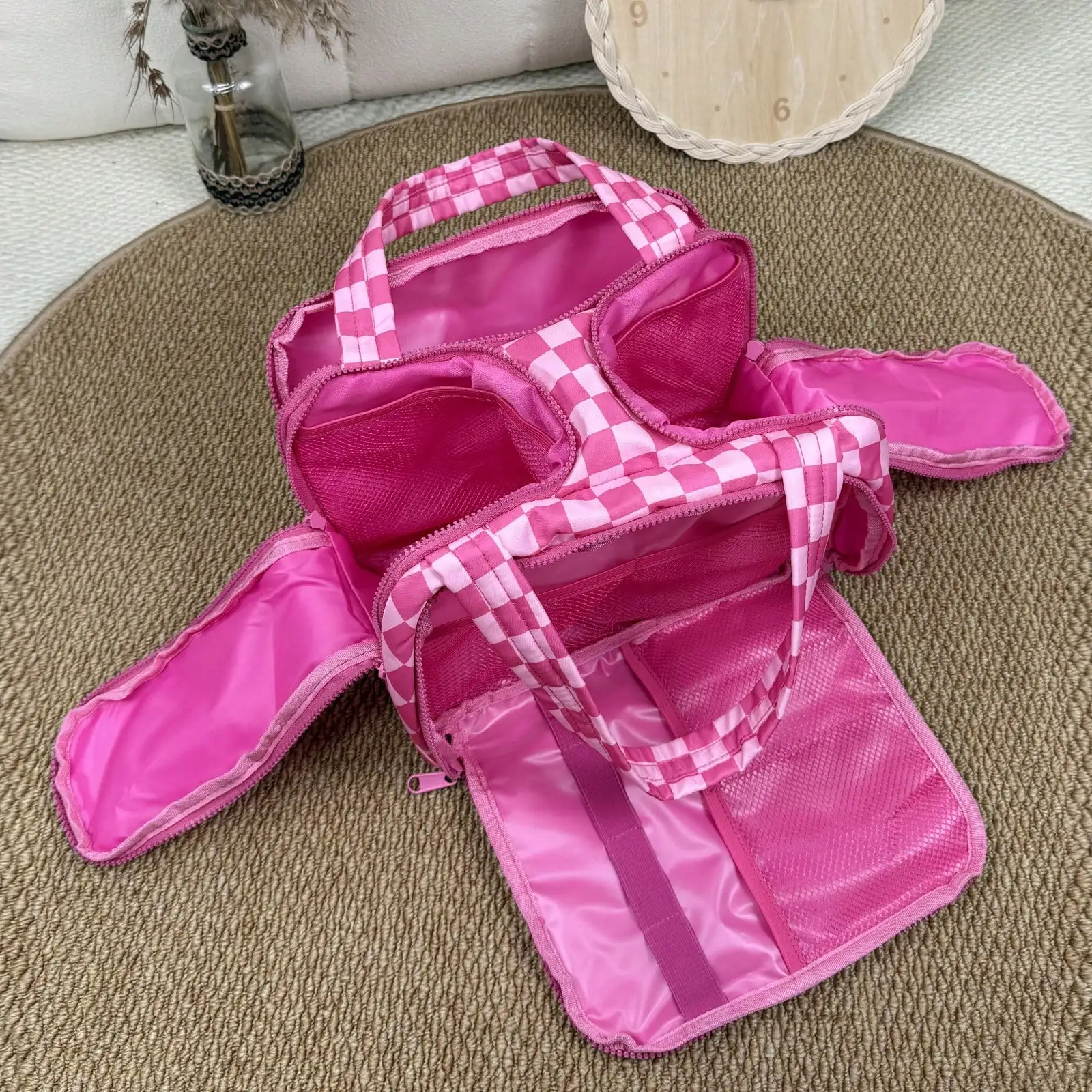 Checkered Toiletry Bag,Large Capacity Water-Proof Plaid Cosmetic Bag,Women Multi-Partitions Makeup Bag,Dust-Proof Wide-Open Puffy Organizers