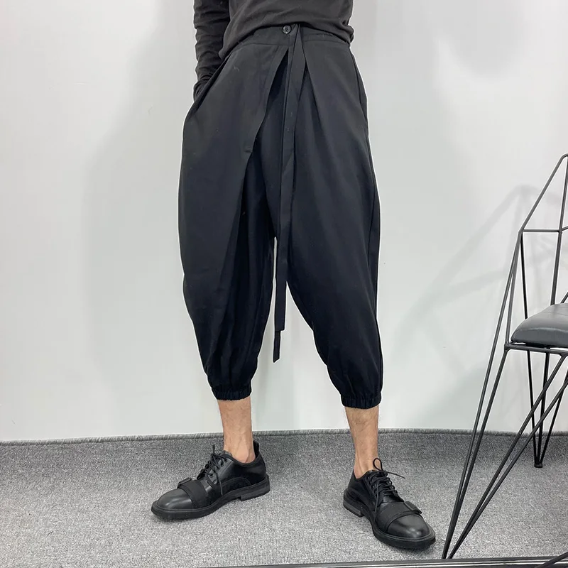 

Summer Trendy Men's Dark Style Designer Irregular Oblique Loose Cropped Pants Harajuku Japanese Simple