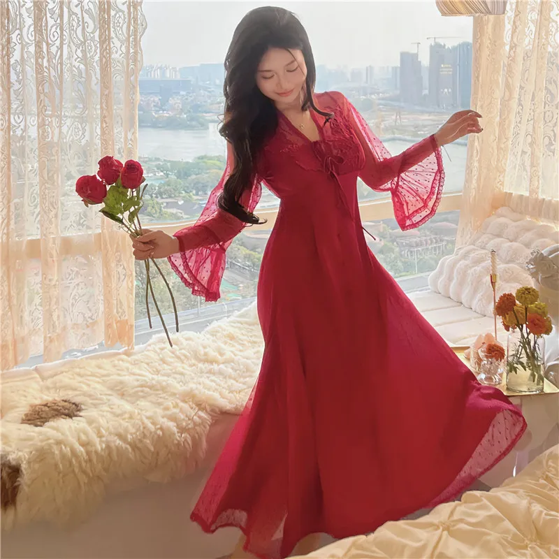 Lace Nightdress Princess Homewear Palace Style Nightgown Women Long Sleeve Sleepwear Loungewear Sexy Lace Mesh Nightwear