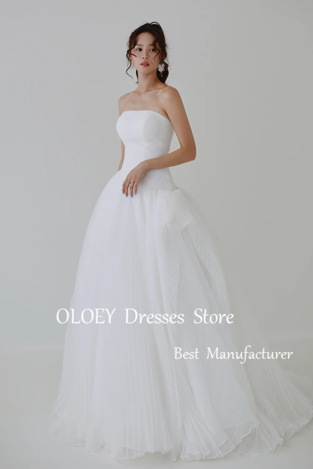 OLOEY Elegant Ivory Strapless ชุดแต่งงานสายเกาหลีถ่ายภาพแขนกุดชุดเจ้าสาวความยาวชั้น Custom Made Corset