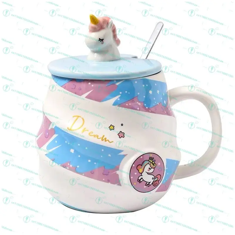 Cute Rainbow Unicorn Ceramic Threaded Mug with Lid Spoon Girl Heart Drinking Cup Office Coffee Mug