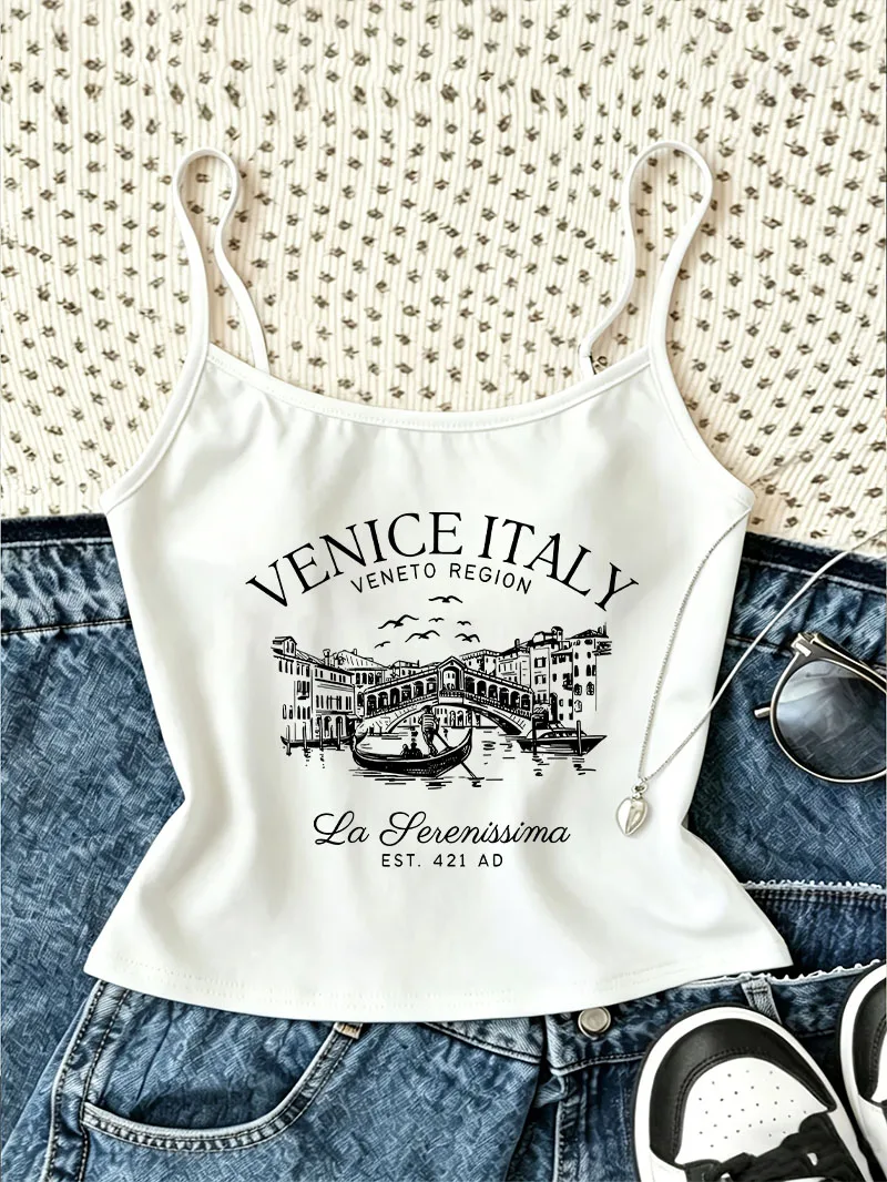 Retro Print Camisole Top Vintage Graphic Casual Crop Top Vest Harajuku 90s Women'S Tank Top Spring Summer Clothes