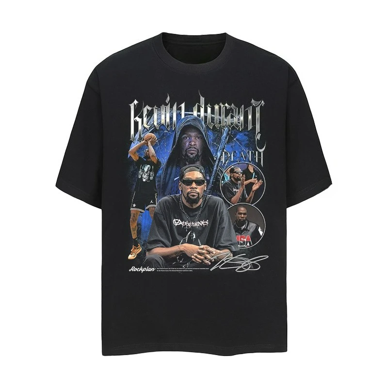 

2025 Rock Plan Star Durant Dark Print American Couple Retro T-Shirt Short Sleeve Cotton Versatile Top Heavy Breathable Tide