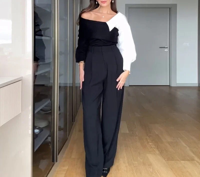 Tops Woman 2024 Autumn New Temperament Elegant Color Blocking Design One Off Shoulder Long Sleeved Knitted Shirt Streetwear