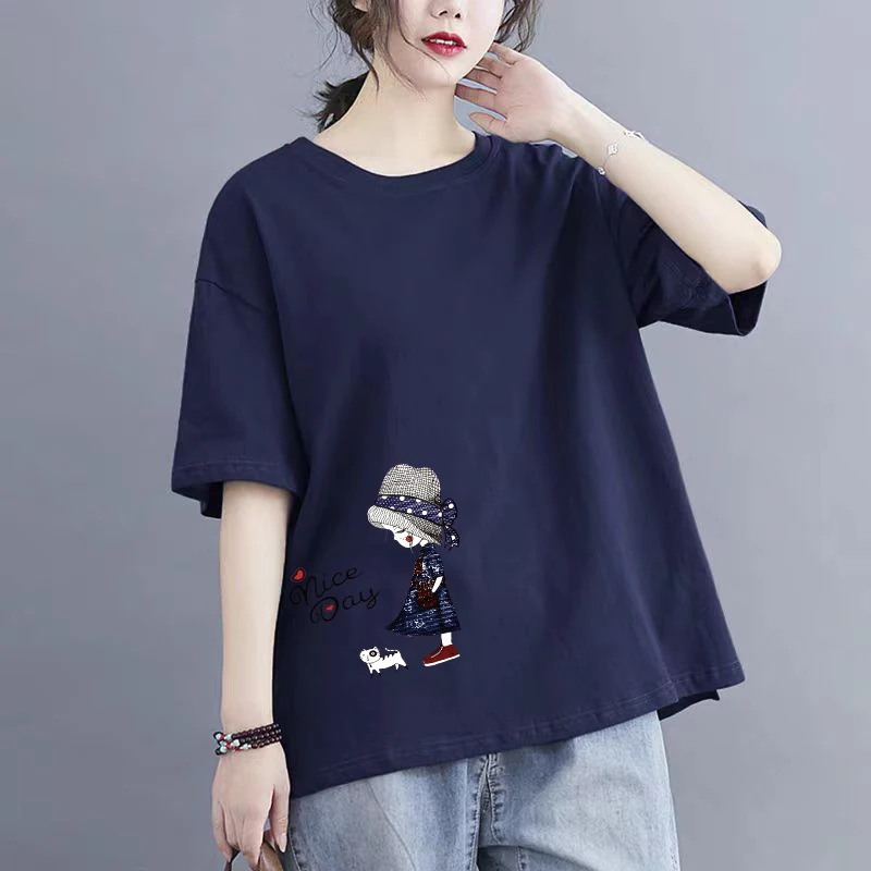 

Женская футболка Mommy Style с круглым вырезом, тонкая, с цветочным принтом, омолаживающая, больших размеров, повседневная, свободного кроя, летний топ