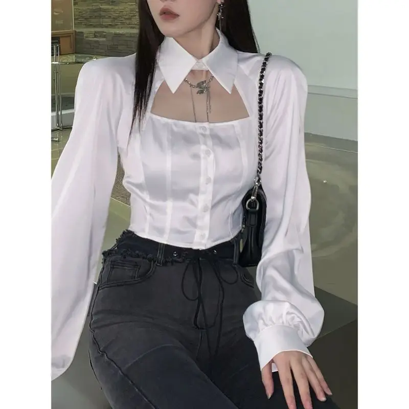 Korean Version Hollowed Out Pure Desire Style Short Shirt for Women Slim Fit and Slimming Long Sleeved Shirt for Women