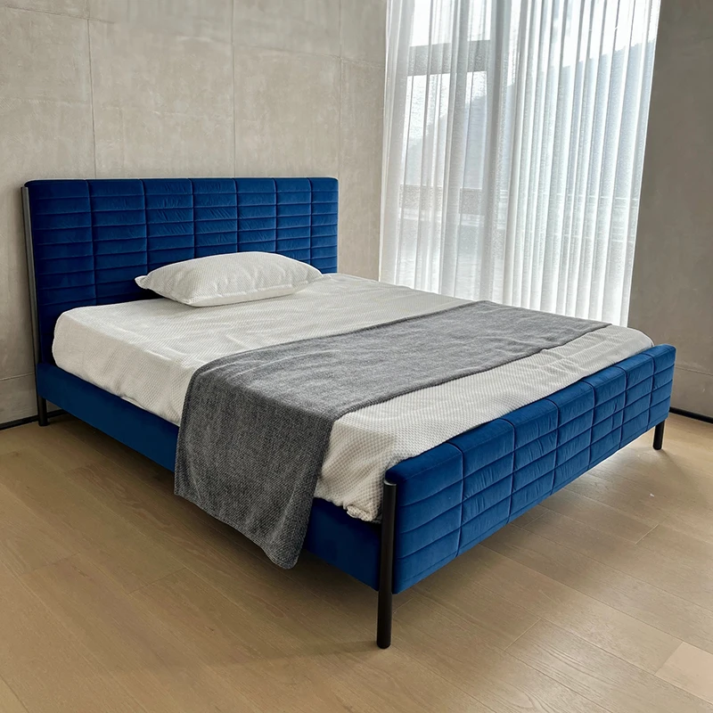 

Queen Bed Headboard Italian Modern Dark Blue Velvet Simple Metal Bed Luxury Upholstery Queen Bed