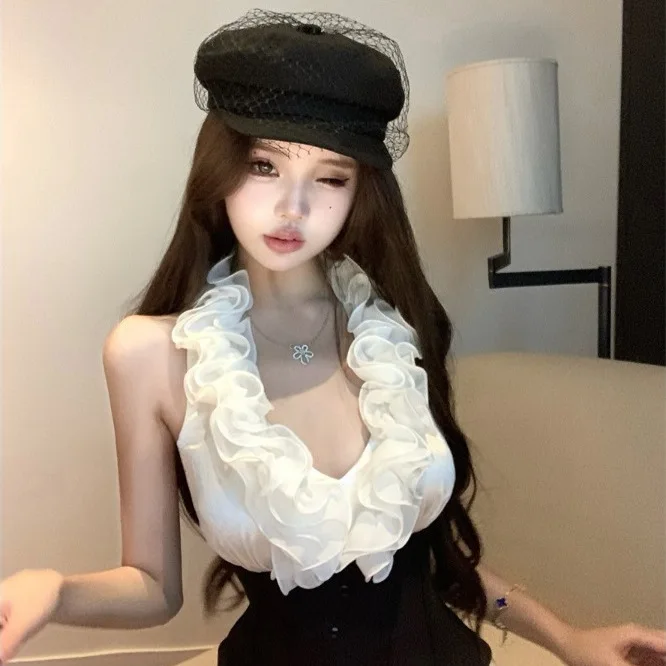 

customized women's adult fashion clothing heavy design sense backless top three-dimensional flower hanging neck camisole vest