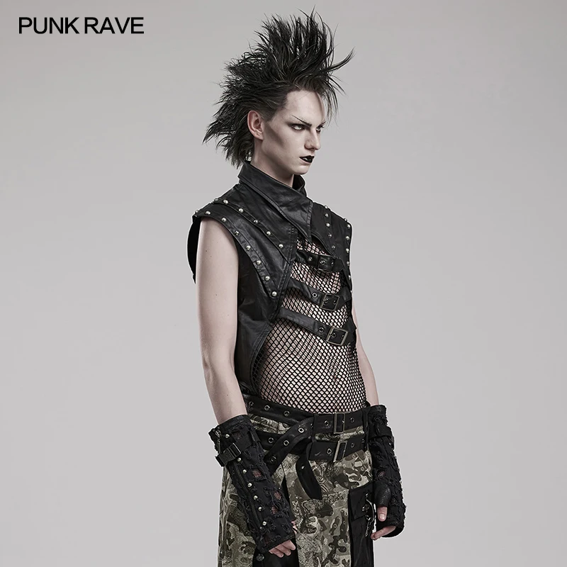 PUNK RAVE Men's Punk Vest, Black Cotton PU Elastane Mesh Sleeveless Rivet Buckle Gothic Top
