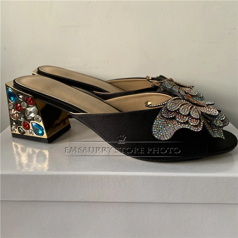 Colorful Rhinestone Square Heel Summer Mules Luxury Satin Slingbacks Diamond Crystal Butterfly-Flower Sandals Women