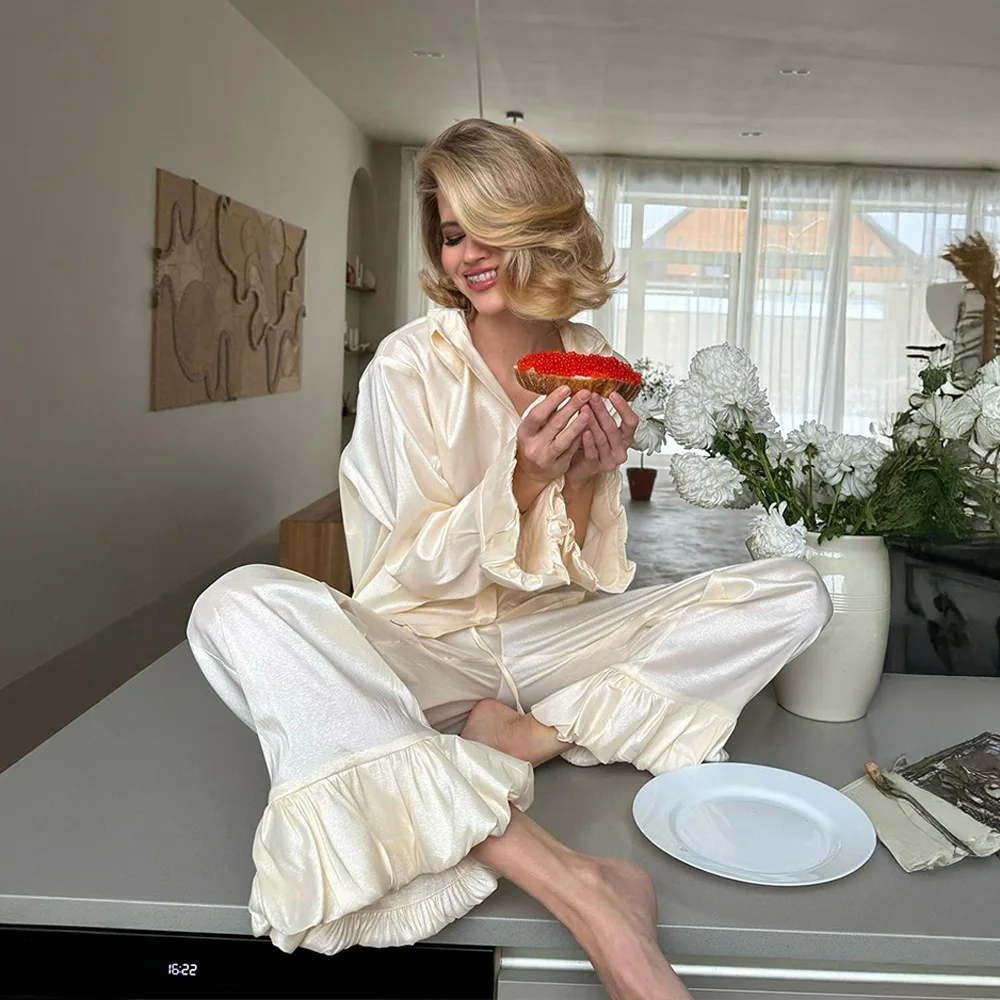 Sweet Ruffled Shirt Pants Pajamas Set Spring and Autumn Women Light Luxury Soft Loose Flower Bud Pleated Design Home Pajama 2Pcs