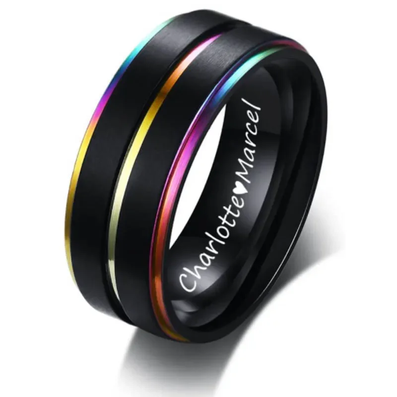 Customized DIY Rainbow Rings Stainless Steel Lesbian Gay Pride Ring Center Groove Black Step Edge Brushed Finish Wedding Band