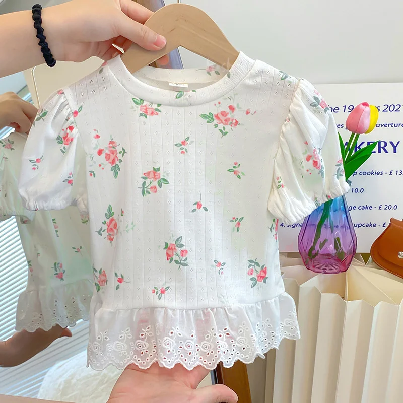 Girls Summer Floral T-shirt Children's Stitching Lace Short-sleeve Blouse 2025 New Baby Princess Fashion Puff Sleeve Clothing