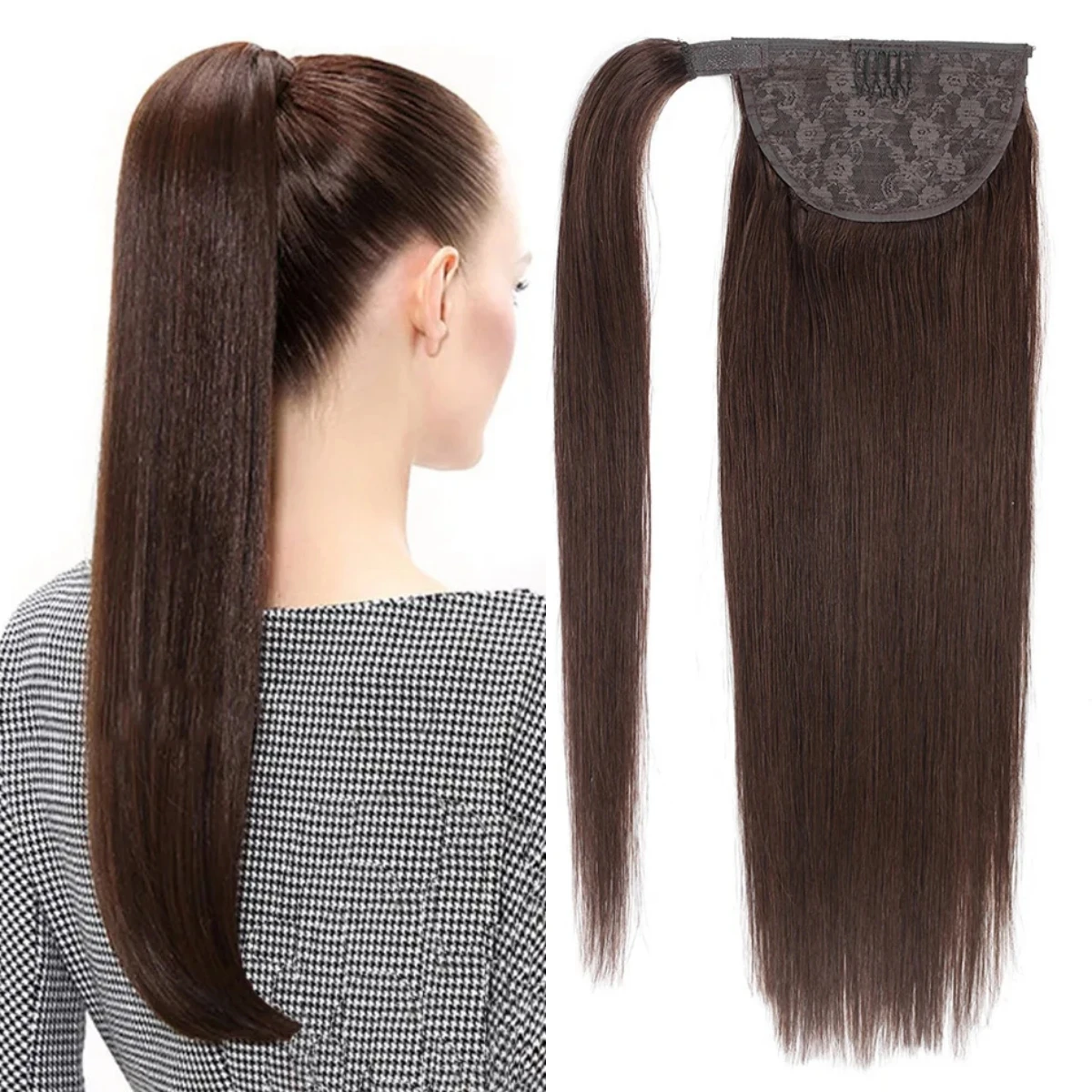 Straight Ponytail Wrap Around Clip In Hair Extensions Hairpiece #4 Medium Brown Brazilian Human Hair Extensions 16-26Inch 120G