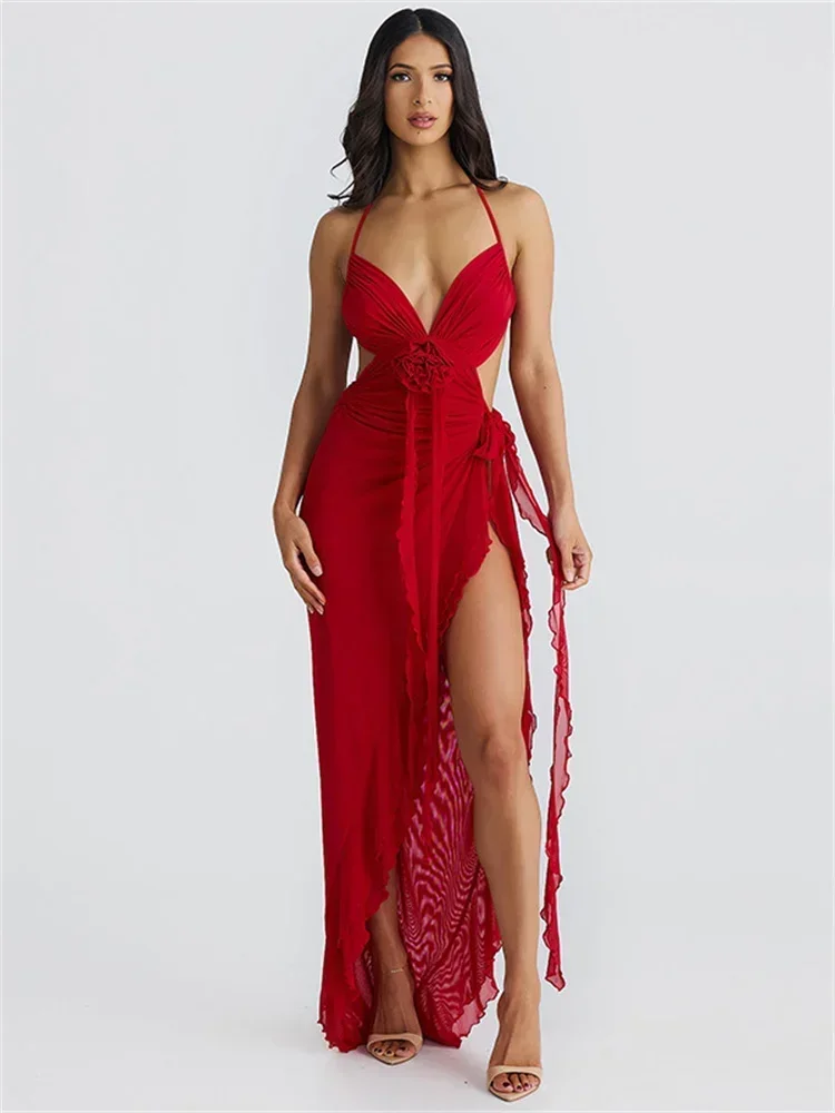 Sexy Gedruckt Mesh Lange Kleid Frauen Lace-Up Floral Backless Aushöhlen Rüschen Mode Verband Kleid frauen Kleid sommer