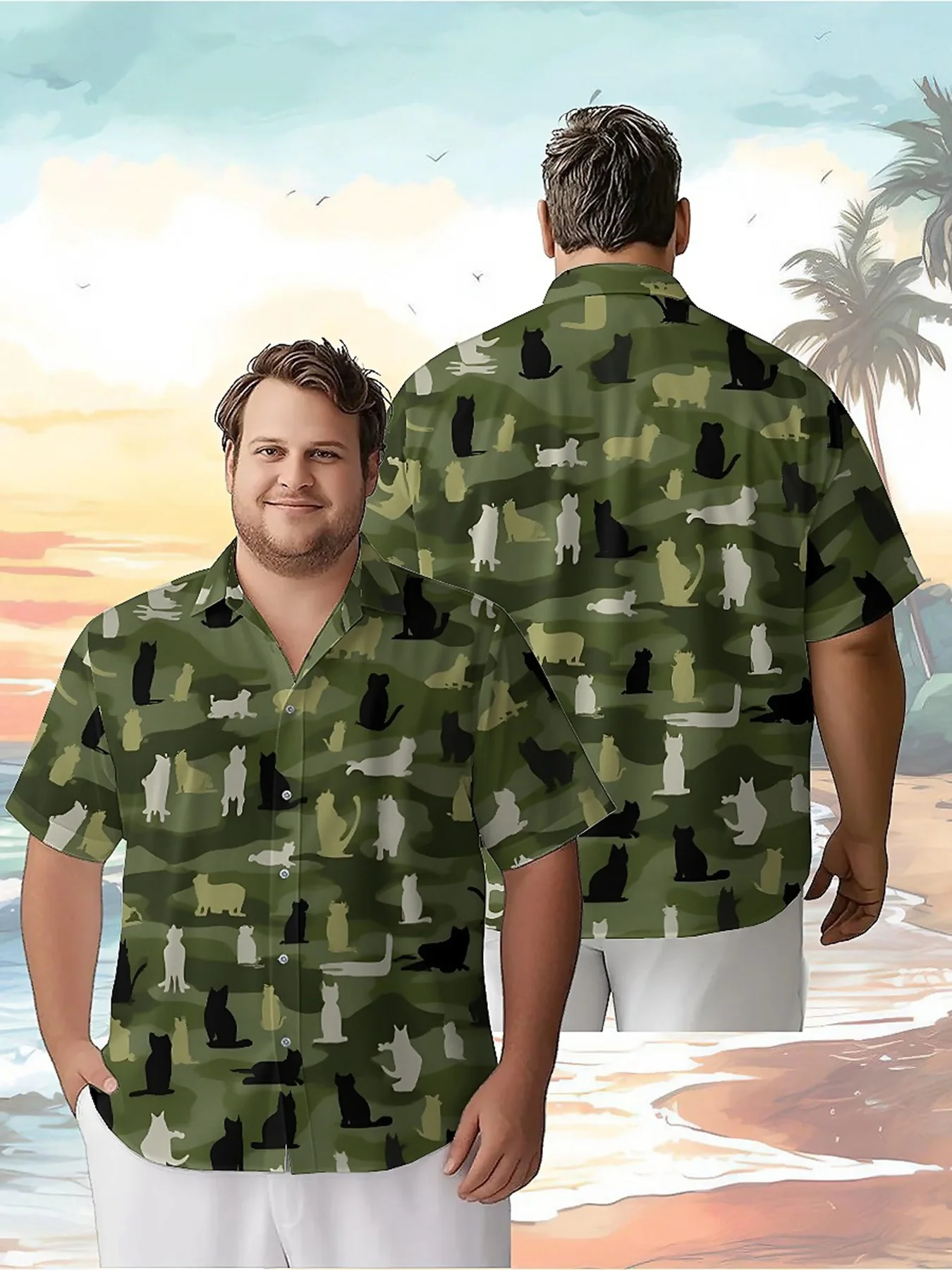 

Men's Plus Size Hawaiian Shirts Camouflage Cat Pattern,Unisex Baggy Aloha Shirts,Alternative Clothing