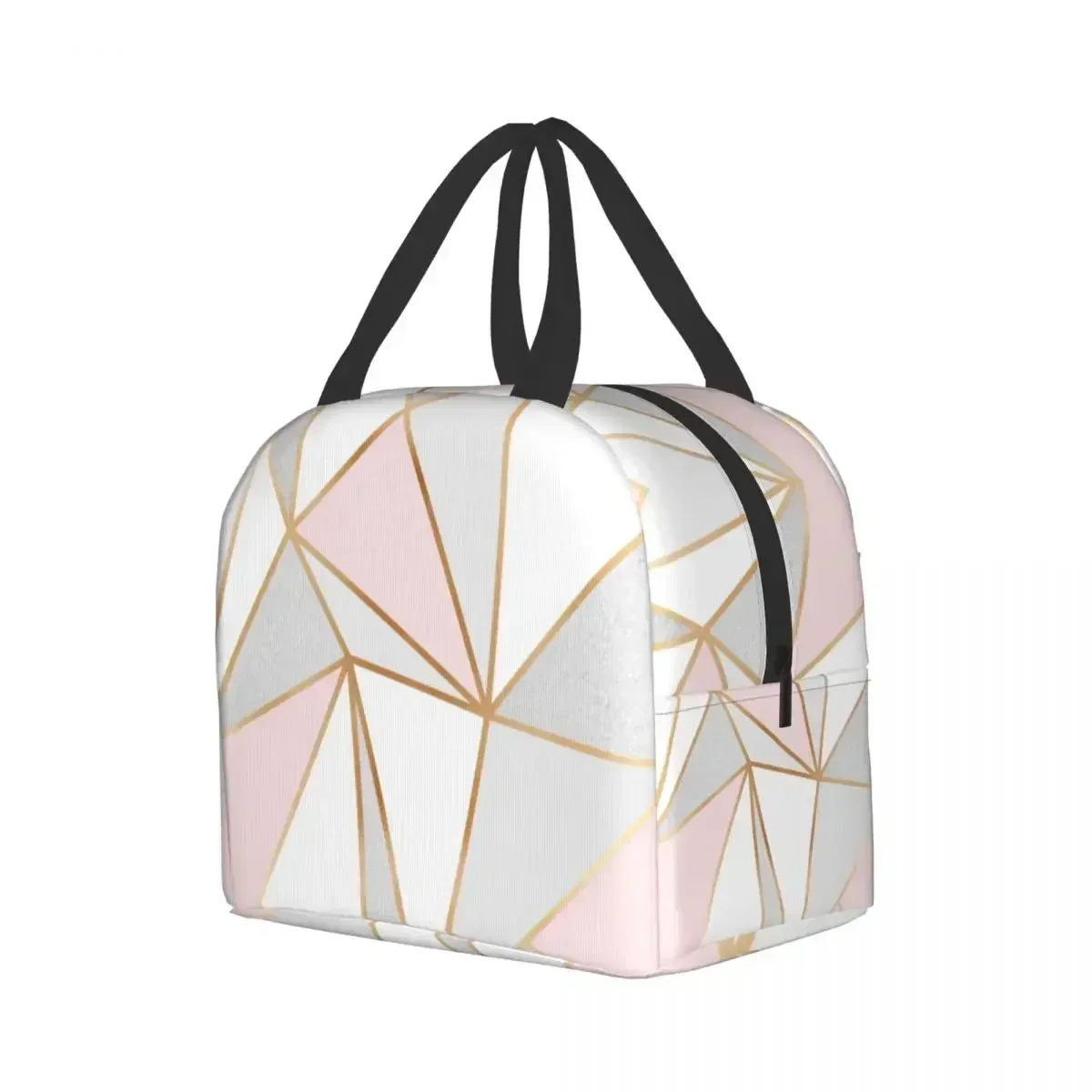 Pink Grey Gold Geometric Abstract Pattern Insulated Lunch Bag for Women Geometry Portable Thermal Cooler Food Lunch Box for Work