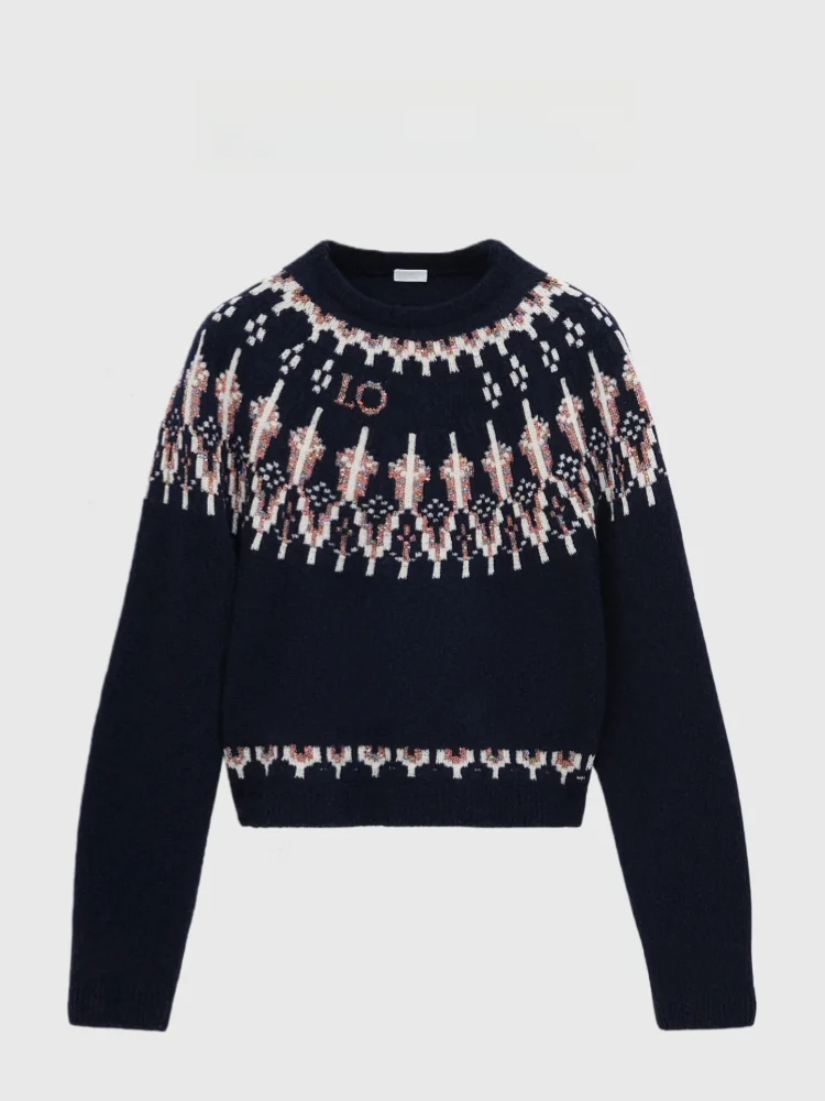 

Loose Fit Knitted Sweater with Embroidered Island Letters for Women Medium Softn Long Sve round Ne Warm Casual Sle