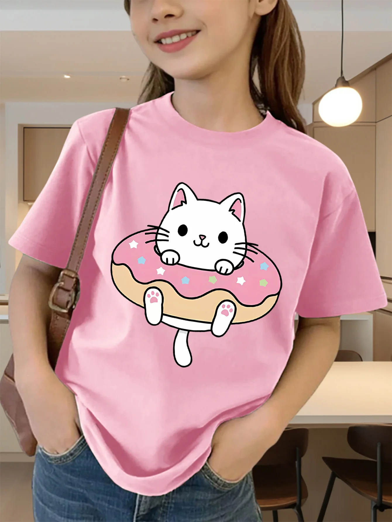 Cute Cat In Pink Donut Cartoon Print Graphic Kids Tee Boys Girls Family Matching Cotton Crew Neck Short Sleeve Soft Summer Tee