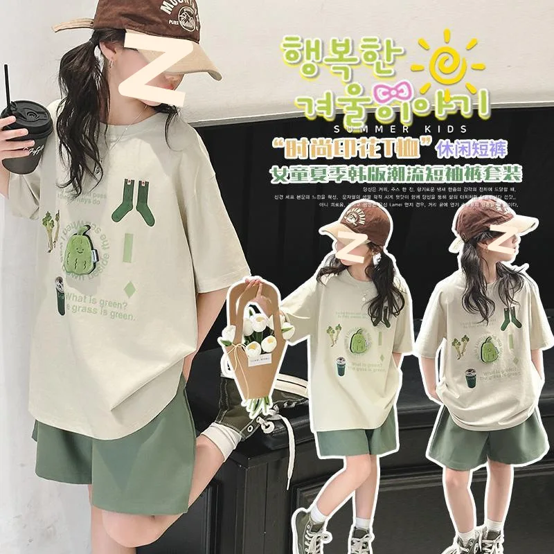 Teenagers Girls Children's Clothing Summer New Korean Style Stylish Printing Loose Fashionable Suit Two-piece Suit Outer Wear