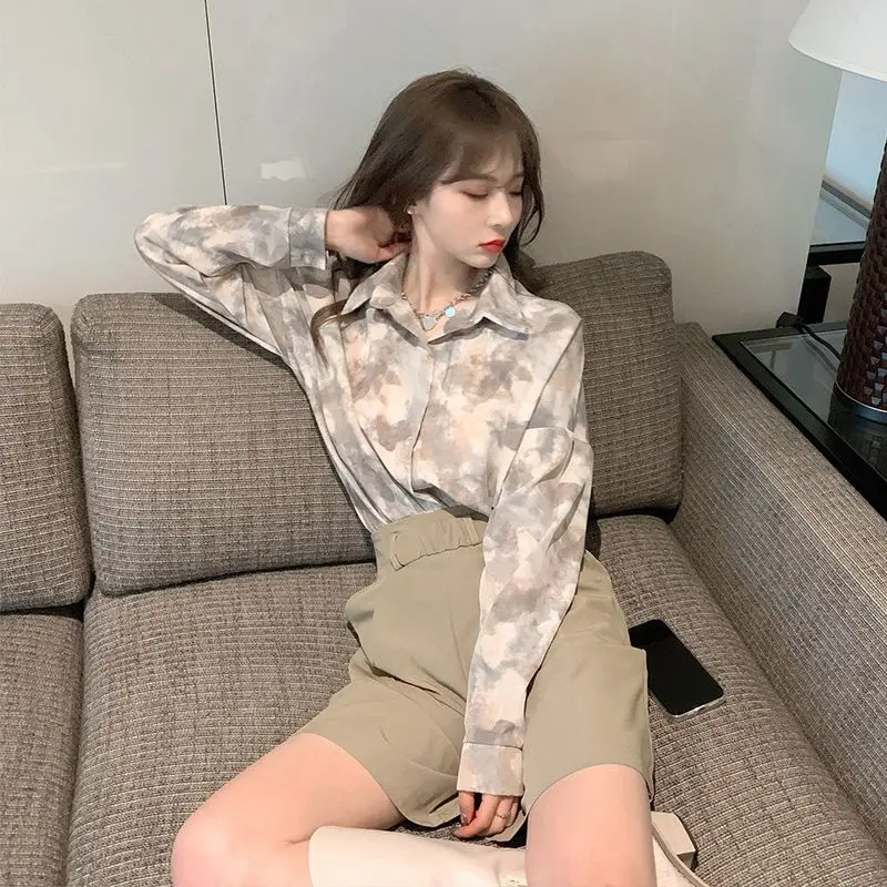 

Винтажная женская туника с длинными рукавами и цветочным принтом тай-дай, весенне-осенняя французская шикарная повседневная модная легкая модная одежда