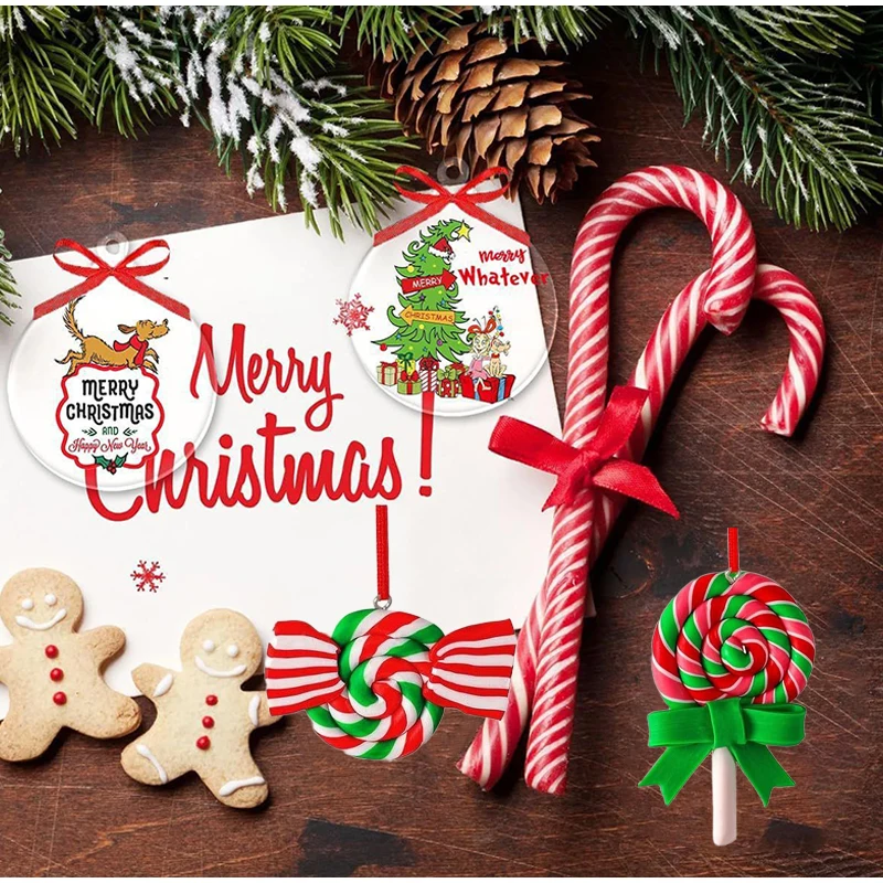 16/32/48 шт., рождественские украшения для леденцов, красочные деревянные подвески из конфетной трости, подвески из полимерной глины, мятные подвески для рождественской елки