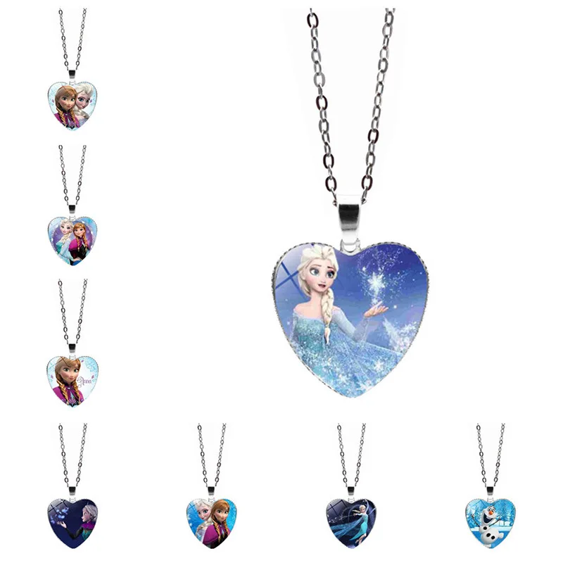 Disney  Heart Shaped Gem Pendant Necklace Elsa Anna Frozen Princess Series Jewelry Keychain Necklaces Girls Kids Birthday Gift