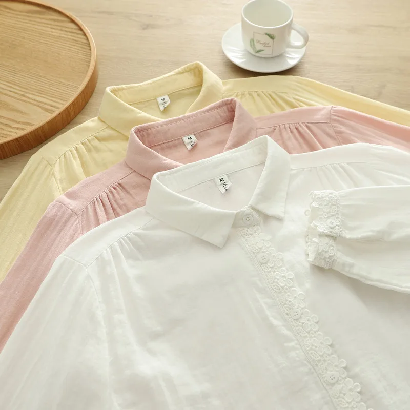 New 2026 Spring Women Cotton Yarn Long Sleeve Shirt, Turn-down Collar Lace, Mori Girl French Simplicity Loose Blouse T63126CC view 6