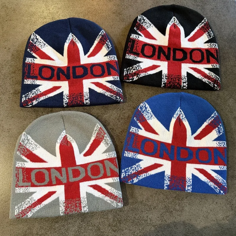 1pc British Style London Flag Knit Beanie Hat Classic Union Jack Jacquard Print Warm Winter Skullcap Elastic Headwear Multi‑Tone