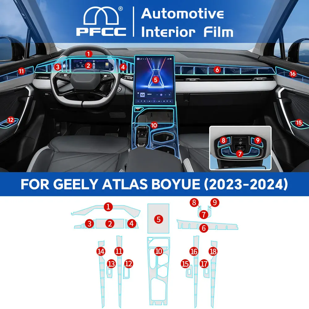 

For Geely Atlas Boyue 2023 2024 Interior Film TPU Sticker Center Console Gear Navigator Door Accessories Transparent Protective