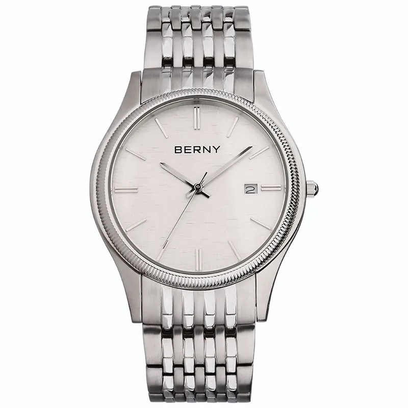 BERNY-Montre à Quartz pour Homme, Bracelet en Acier Inoxydable, Étanche, Saphir, Mode Moderne, Montre-Bracelet Classique