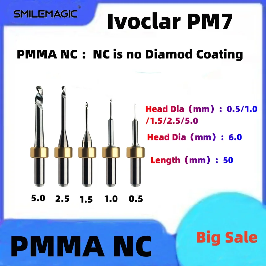 Ivoclar PM7 Dental Milling Burs Grinding PMMA D6 Shank NC Coating 50mm Length 0.5/1.0/1.5/2.5/5.0mm Milling Cutting Drills