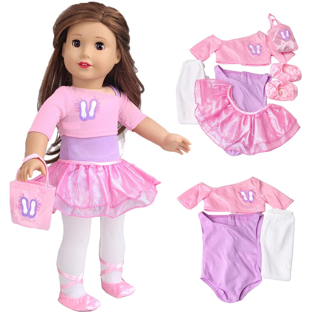 Fotografia 4: Saia de balé para boneca de 18 polegadas com esquema de cores rosa e roxo chamativo, lindo conjunto de seis peças de fantasias para bonecas, adereços.