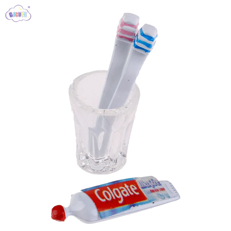 Mini cepillo de dientes en miniatura para casa de muñecas, taza de pasta de dientes, juguetes de cocina, 1:12, 4 piezas por juego