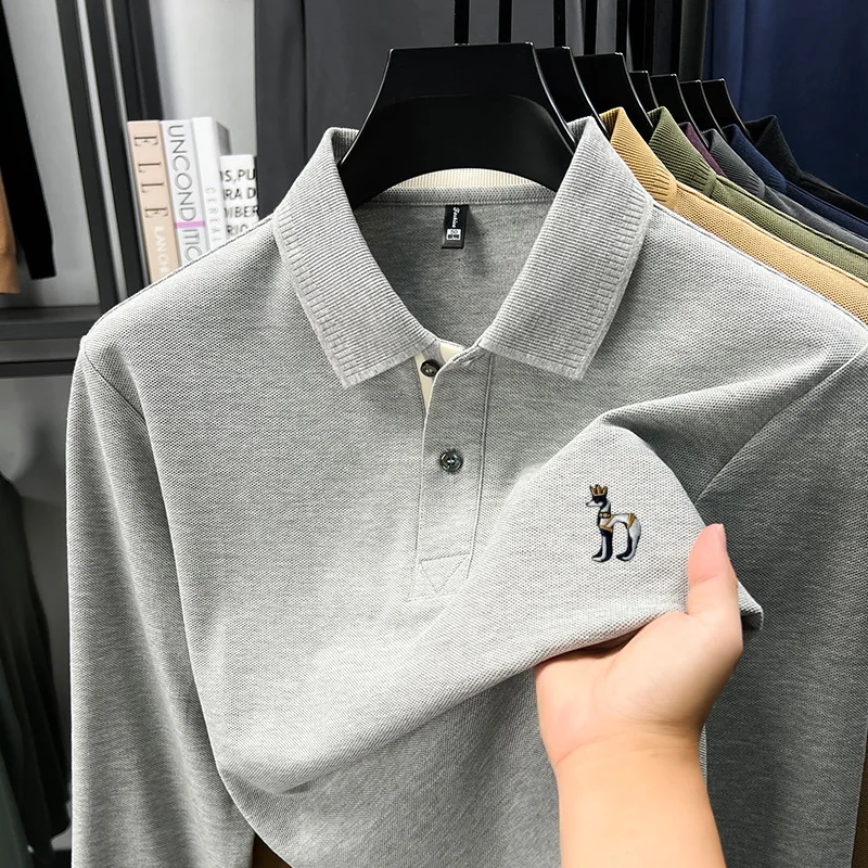 

Мужская рубашка-поло из 100% хлопка, высокое качество, весенняя, с вышивкой на лацкане, длинный рукав, повседневная, деловая, мужская одежда, топы